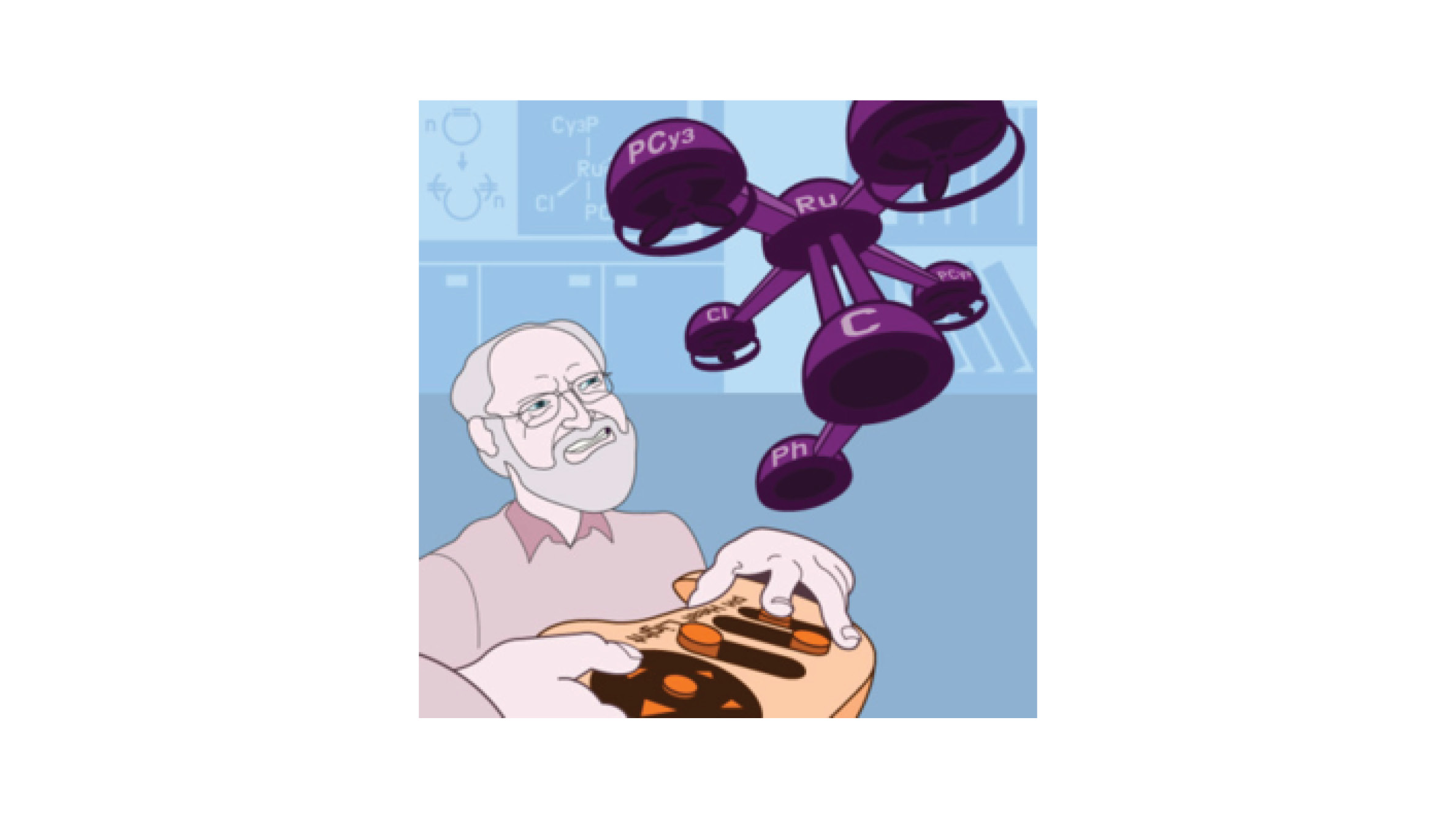 Cartoon of chemist putting molecules together with video game console